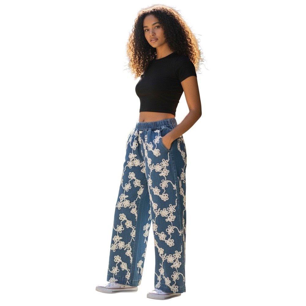 Fancy Collection Blue Floral Lace‎ Applique Wide Leg Denim Pants Boho NEW Small